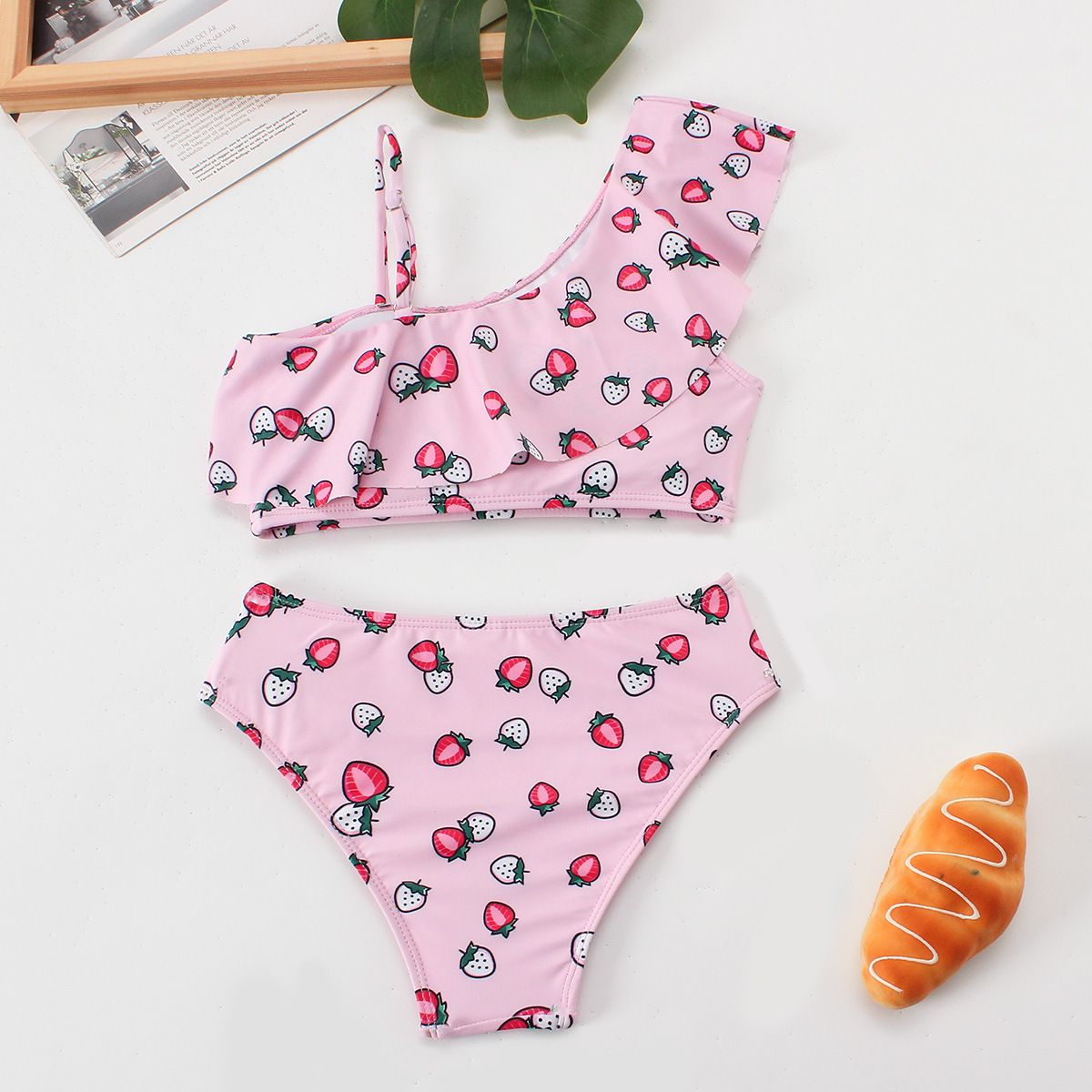(image for) Girls Cartoon Paw‑Print Two‑Piece Swimsuit One‑Shoulder Ruffle Kids Bikini Set 130‑160