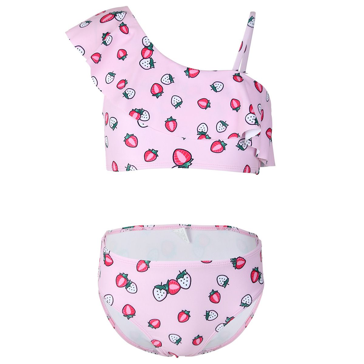 (image for) Girls Cartoon Paw‑Print Two‑Piece Swimsuit One‑Shoulder Ruffle Kids Bikini Set 130‑160