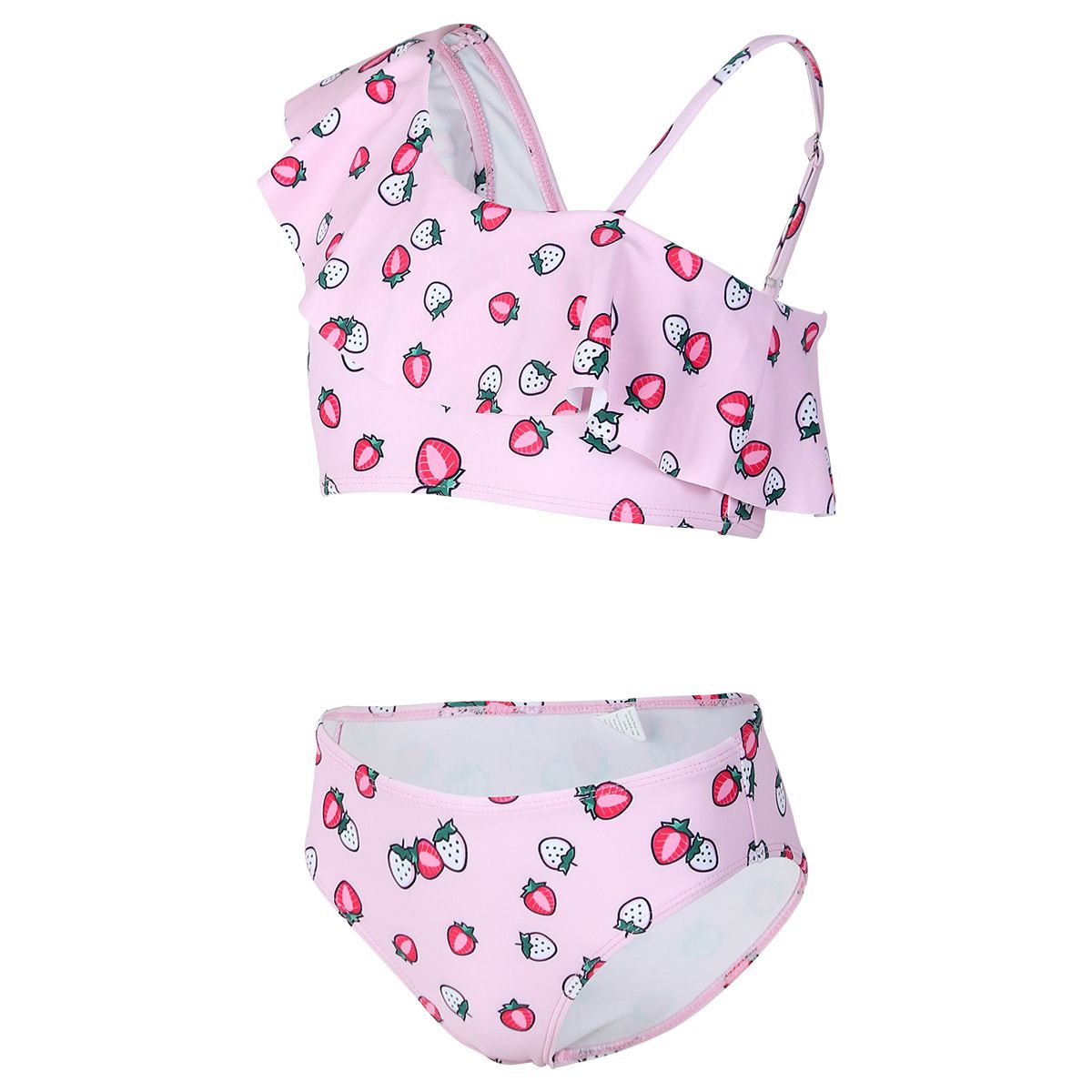 (image for) Girls Cartoon Paw‑Print Two‑Piece Swimsuit One‑Shoulder Ruffle Kids Bikini Set 130‑160