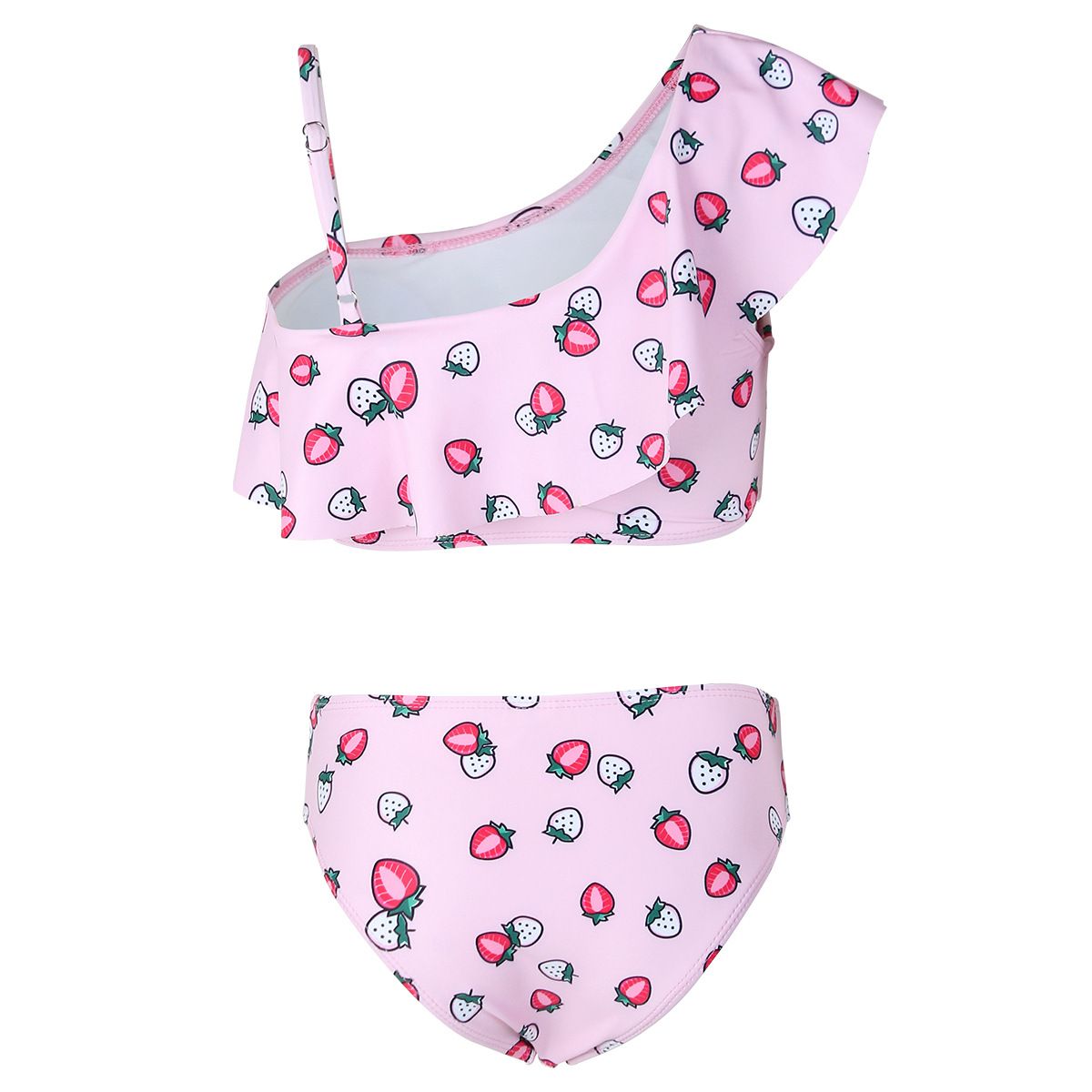 (image for) Girls Cartoon Paw‑Print Two‑Piece Swimsuit One‑Shoulder Ruffle Kids Bikini Set 130‑160
