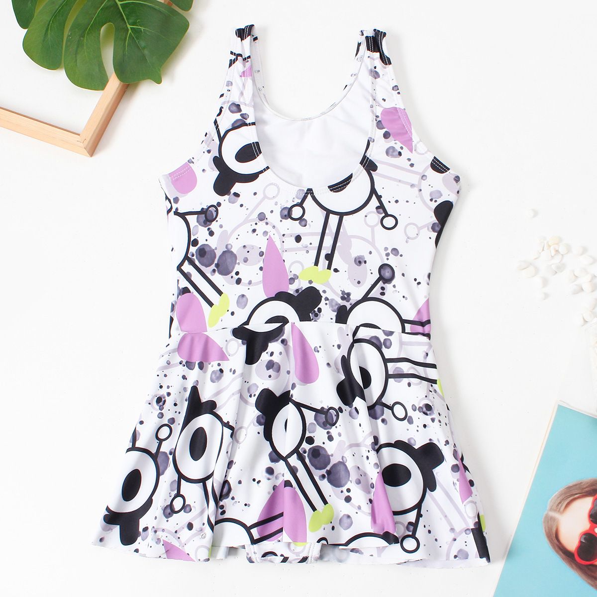 (image for) Girls Printed Skirted One‑Piece Swimsuit Kids Sleeveless Dress Style Bathing Suit 130‑160