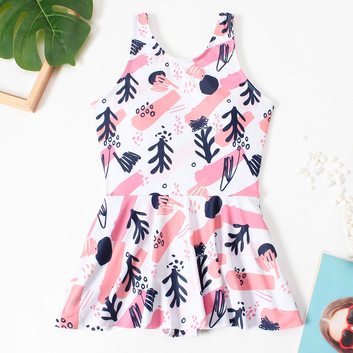 (image for) Girls Printed Skirted One‑Piece Swimsuit Kids Sleeveless Dress Style Bathing Suit 130‑160