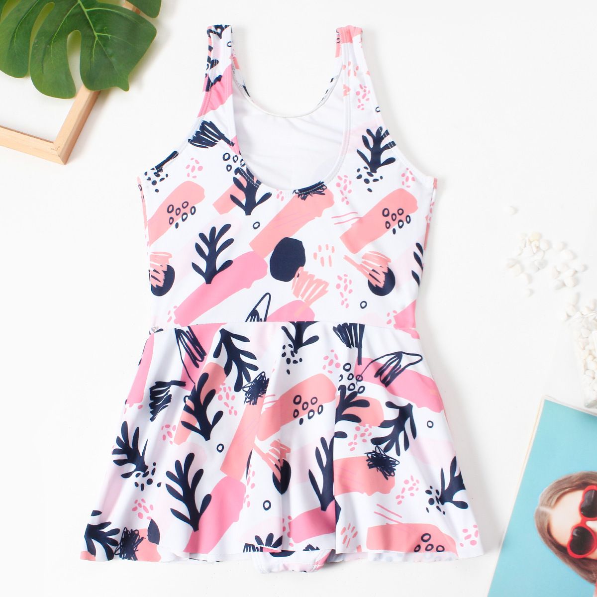 (image for) Girls Printed Skirted One‑Piece Swimsuit Kids Sleeveless Dress Style Bathing Suit 130‑160