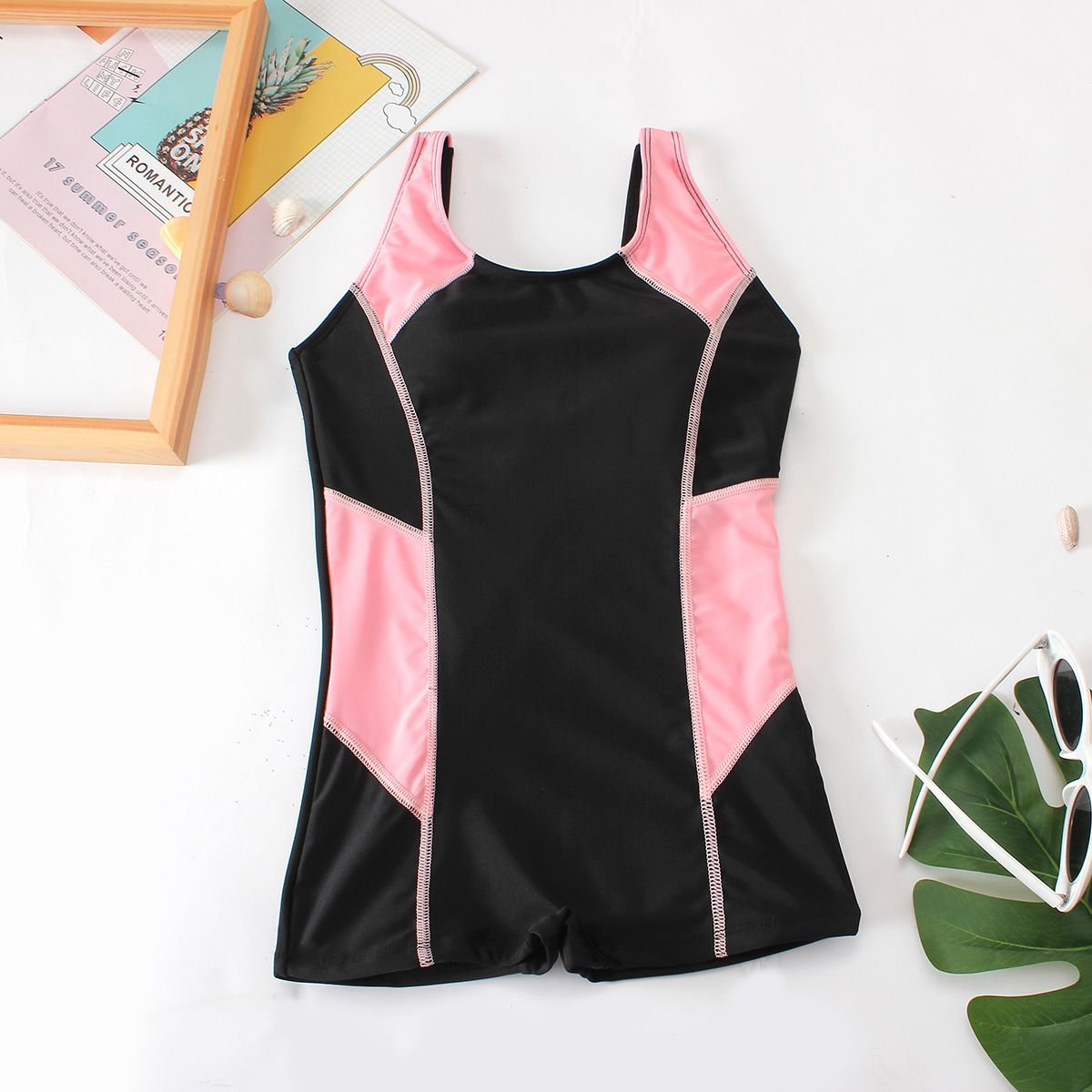 (image for) Girls Sport One‑Piece Boy‑Short Swimsuit Kids Color Block Athletic Bathing Suit 130‑160
