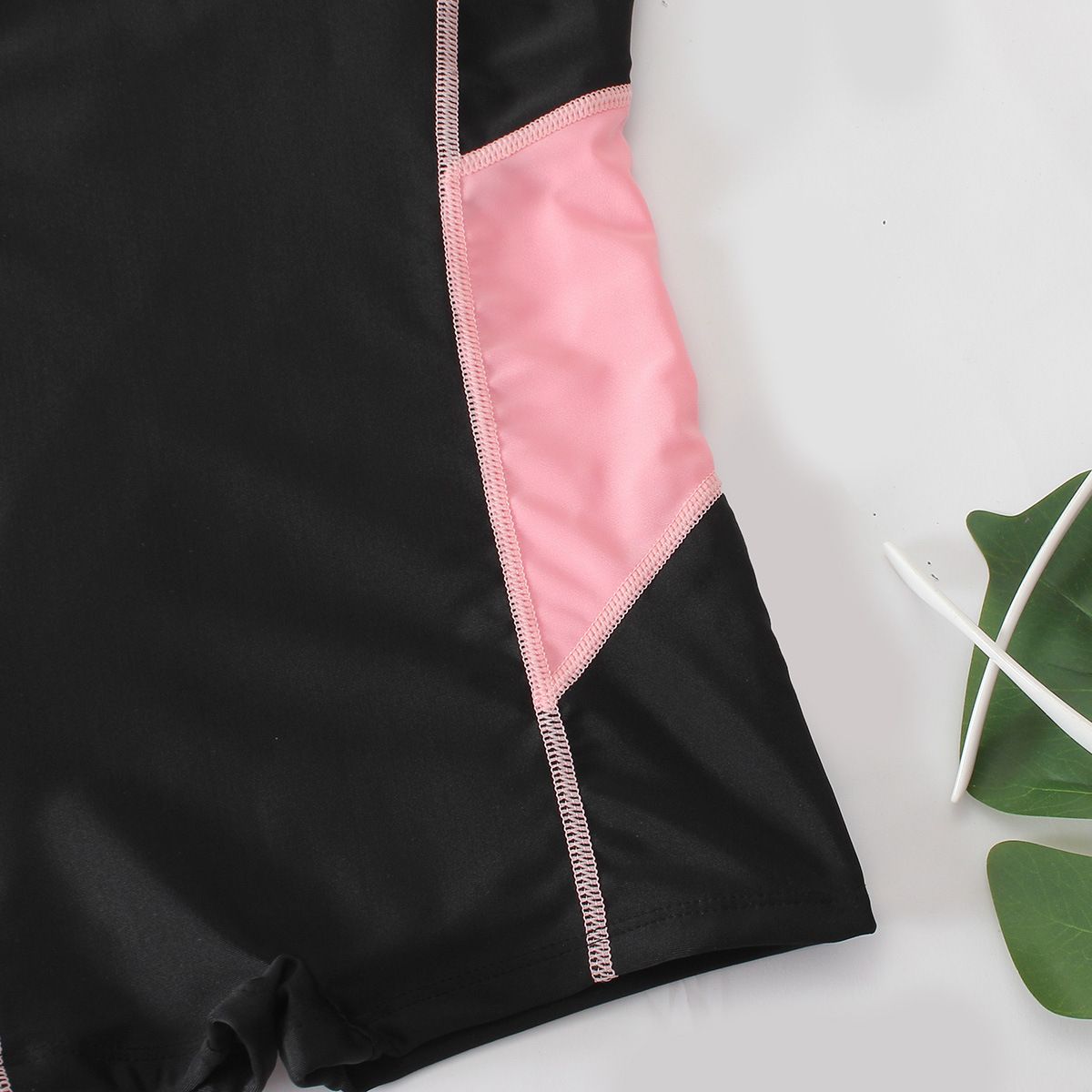 (image for) Girls Sport One‑Piece Boy‑Short Swimsuit Kids Color Block Athletic Bathing Suit 130‑160