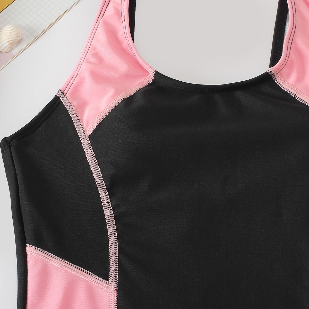 (image for) Girls Sport One‑Piece Boy‑Short Swimsuit Kids Color Block Athletic Bathing Suit 130‑160