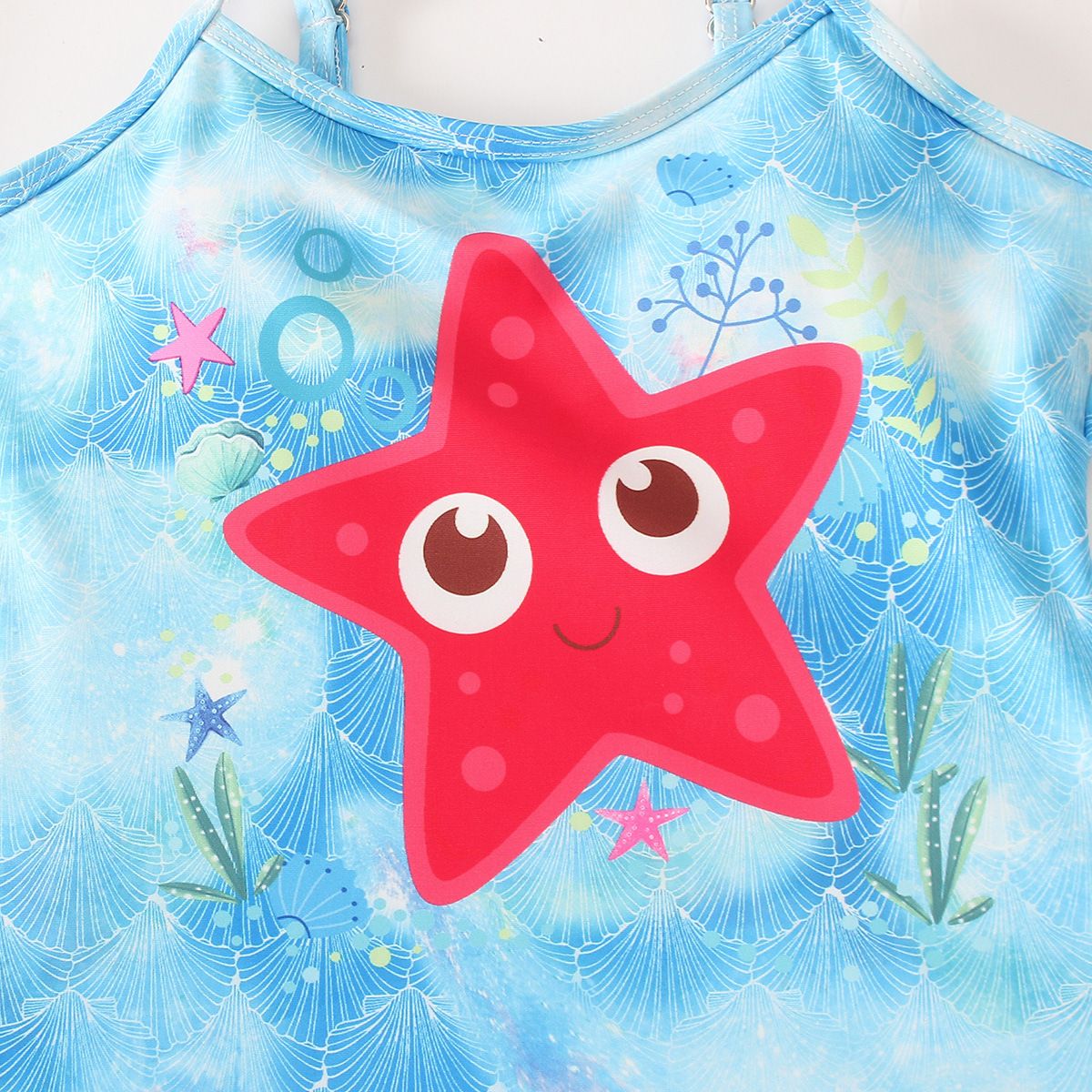 (image for) Girls Starfish Print One‑Piece Swimsuit Adjustable Spaghetti Straps Kids Bathing Suit 130‑160