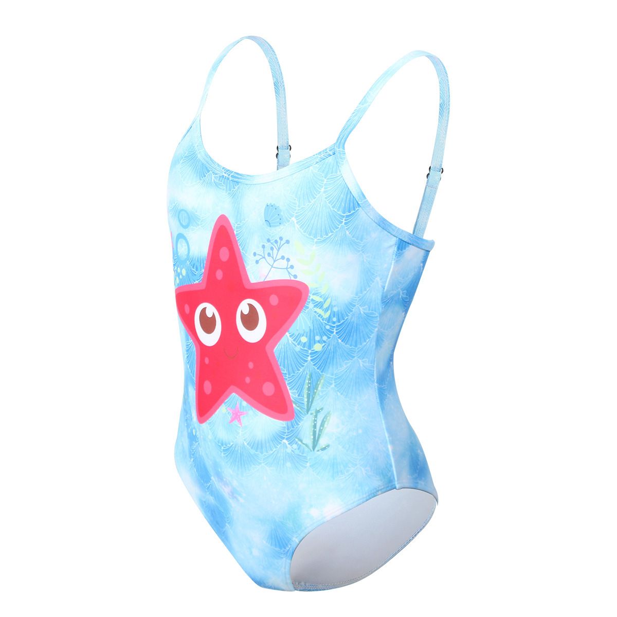 (image for) Girls Starfish Print One‑Piece Swimsuit Adjustable Spaghetti Straps Kids Bathing Suit 130‑160