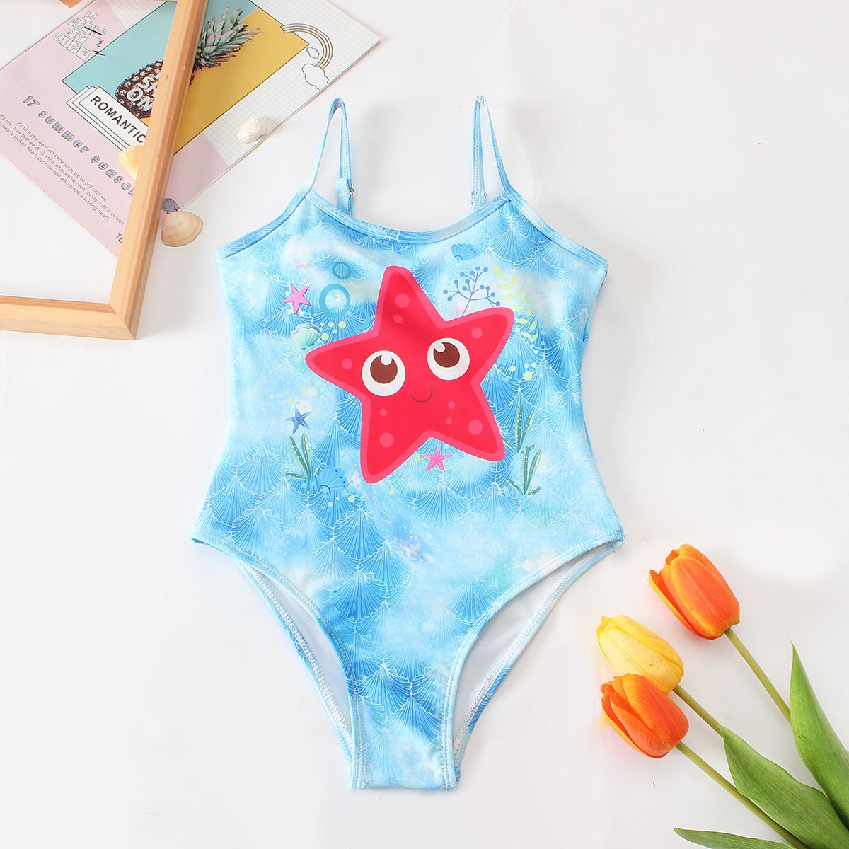 (image for) Girls Cartoon Print Cami One‑Piece Swimsuit Simple Tank Style Kids Bathing Suit for 130‑160
