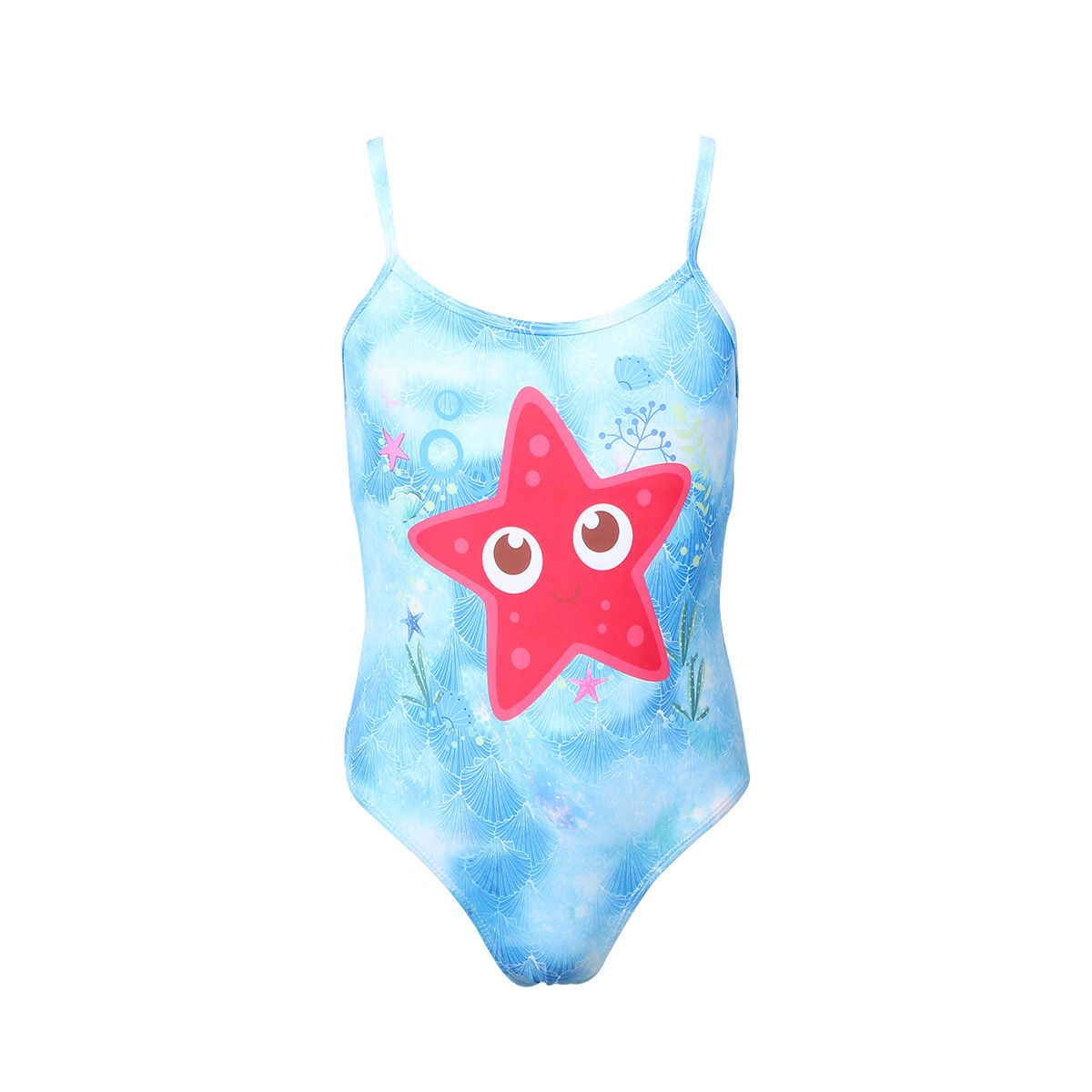 (image for) Girls Cartoon Print Cami One‑Piece Swimsuit Simple Tank Style Kids Bathing Suit for 130‑160