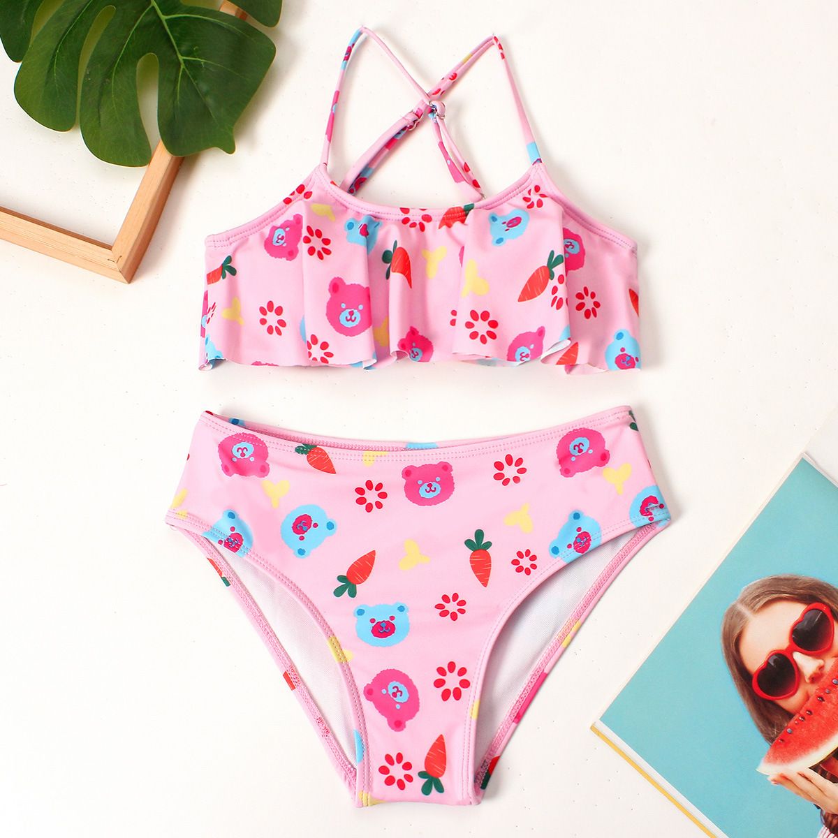 (image for) Girls Cartoon Print Two‑Piece Bikini Swimsuit Ruffle Cross Back Kids Bathing Suit 130‑160