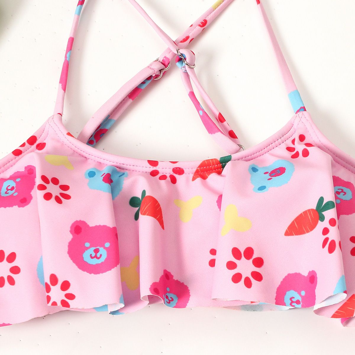 (image for) Girls Cartoon Print Two‑Piece Bikini Swimsuit Ruffle Cross Back Kids Bathing Suit 130‑160