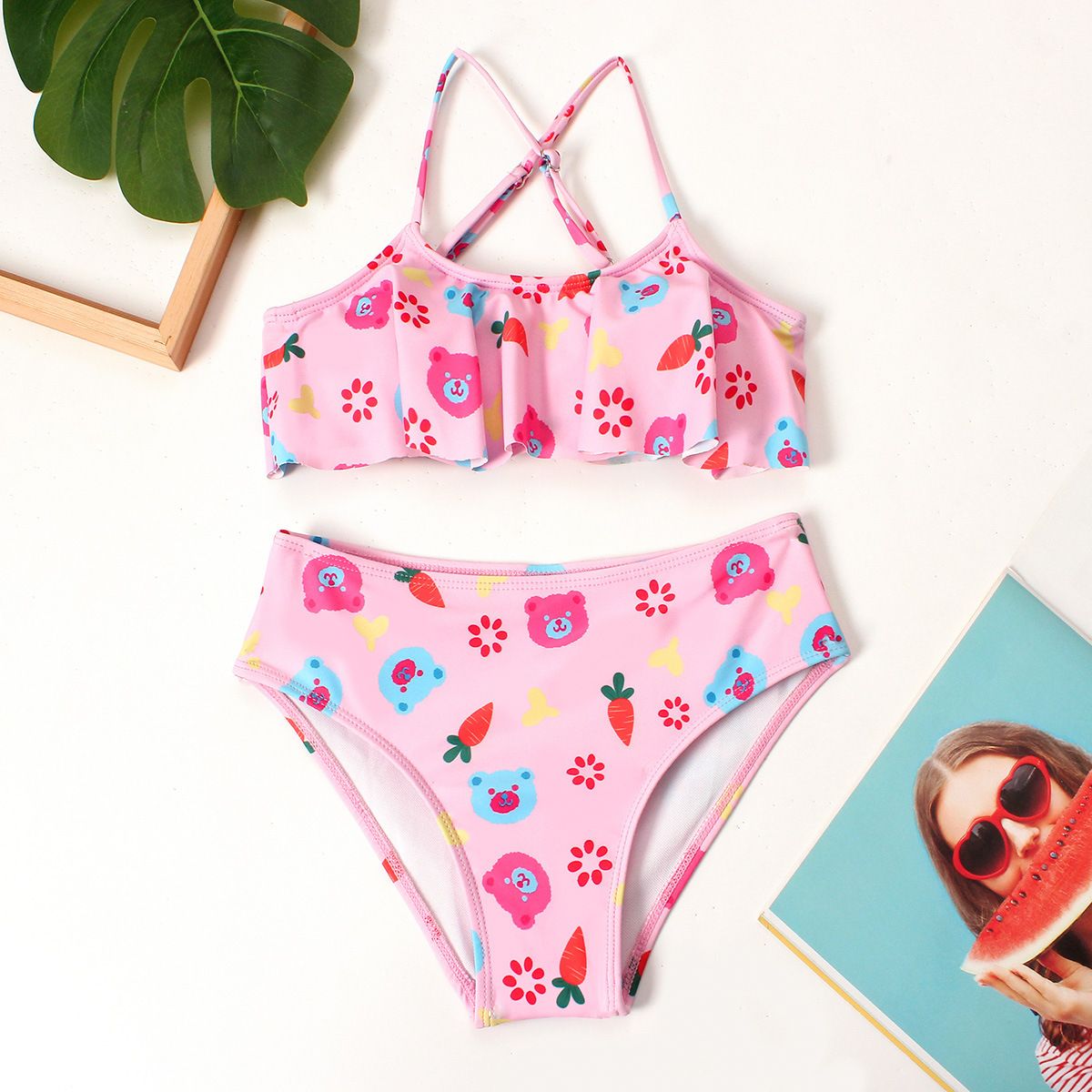 (image for) Girls Cartoon Print Two‑Piece Bikini Swimsuit Ruffle Cross Back Kids Bathing Suit 130‑160