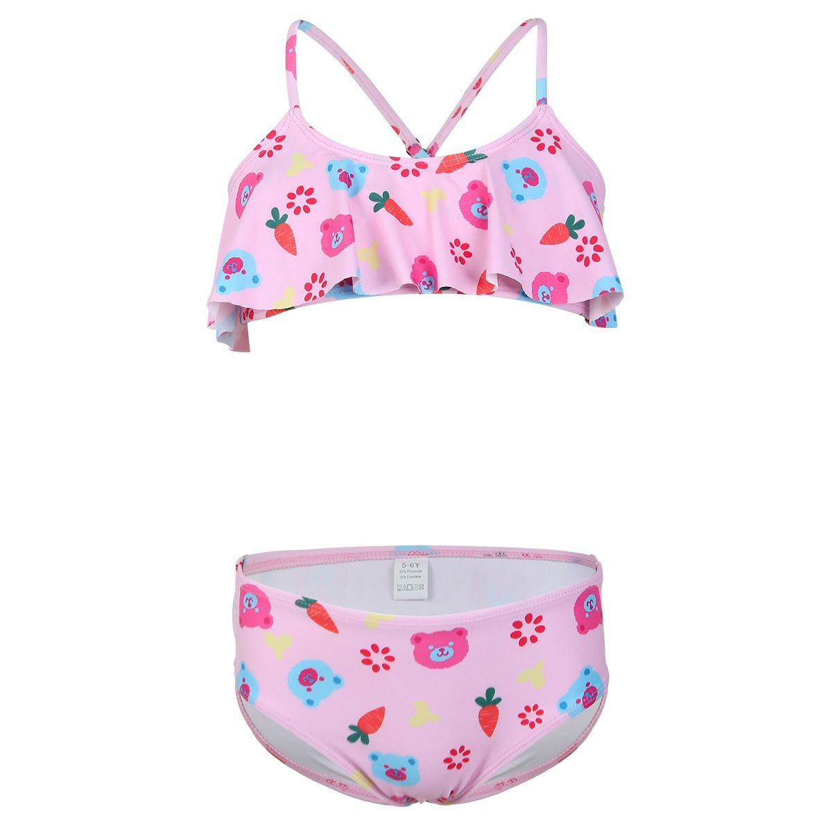 (image for) Girls Cartoon Print Two‑Piece Bikini Swimsuit Ruffle Cross Back Kids Bathing Suit 130‑160