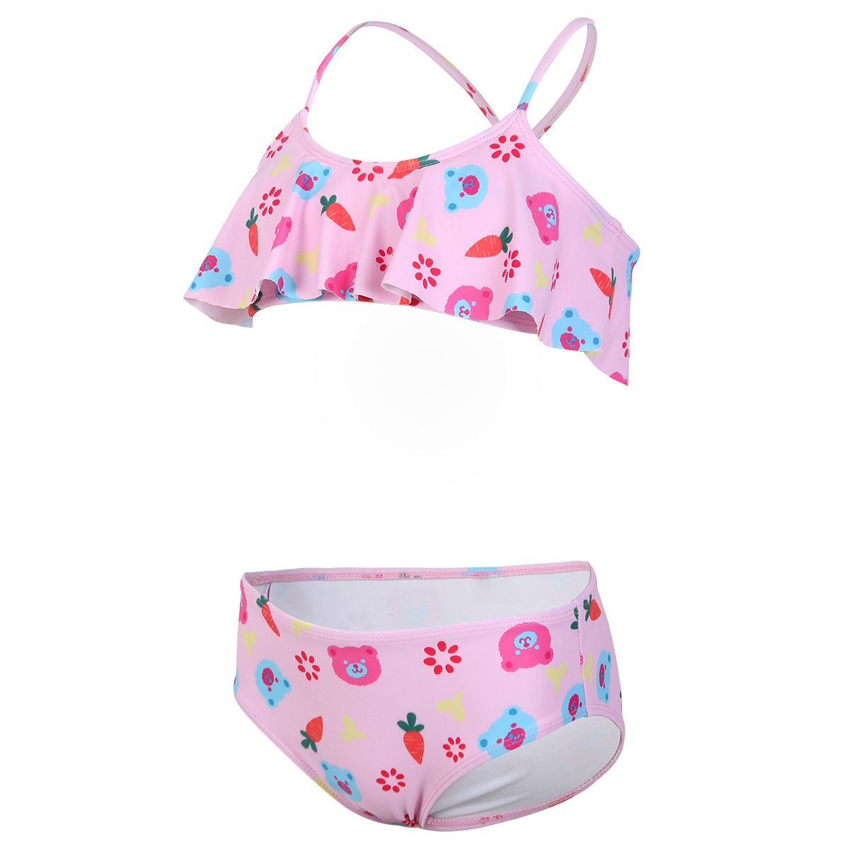 (image for) Girls Cartoon Print Two‑Piece Bikini Swimsuit Ruffle Cross Back Kids Bathing Suit 130‑160