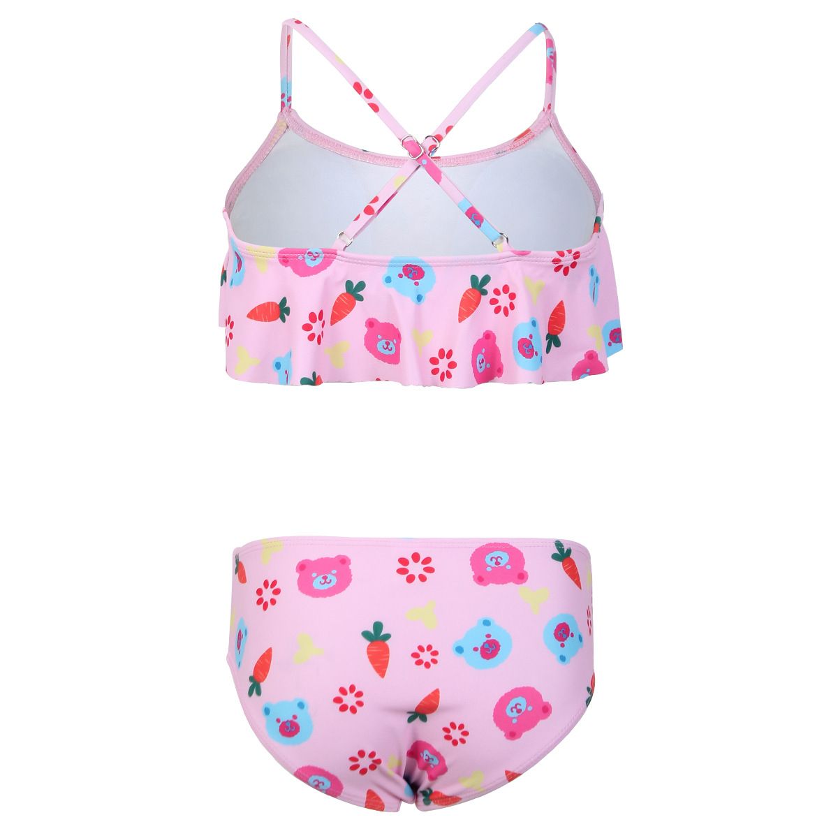 (image for) Girls Cartoon Print Two‑Piece Bikini Swimsuit Ruffle Cross Back Kids Bathing Suit 130‑160