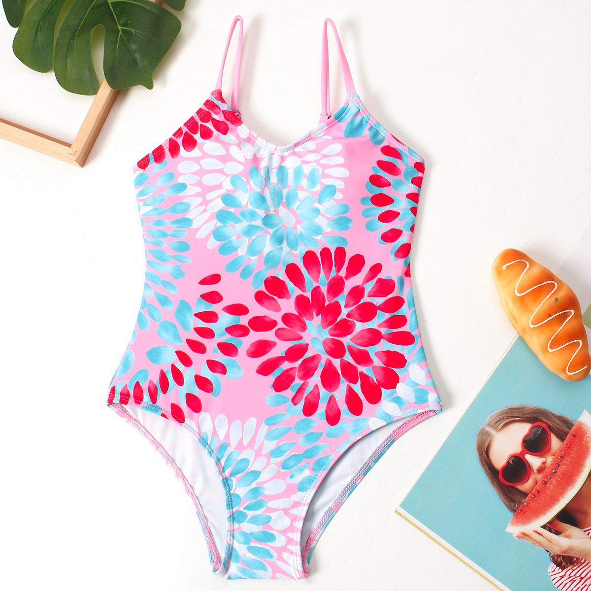 (image for) Girls Floral Print One‑Piece Swimsuit V‑Neck Adjustable Straps Conservative Kids Bathing Suit 130‑160