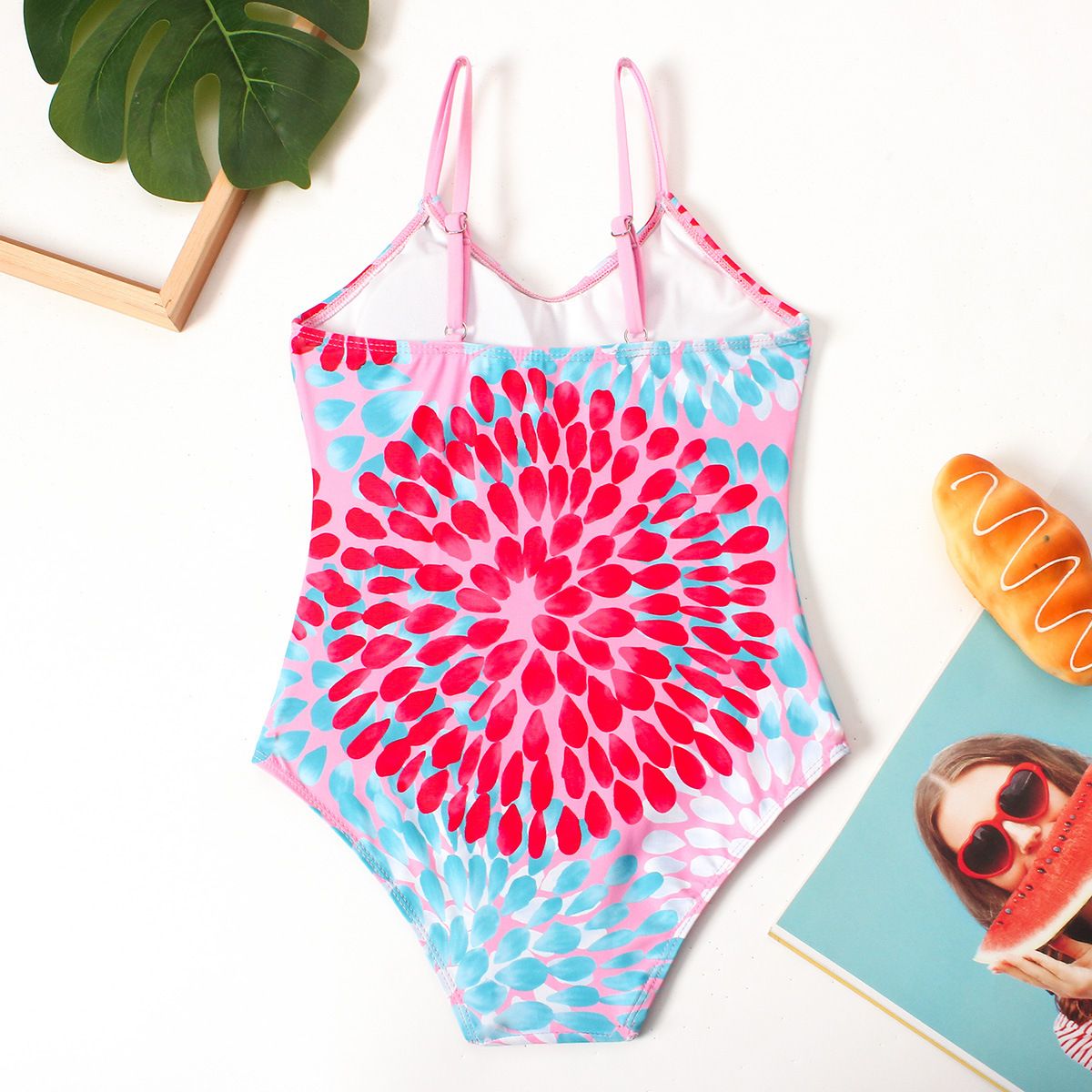 (image for) Girls Floral Print One‑Piece Swimsuit V‑Neck Adjustable Straps Conservative Kids Bathing Suit 130‑160