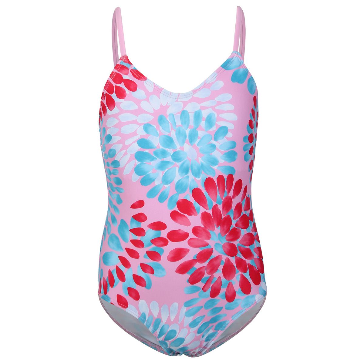 (image for) Girls Floral Print One‑Piece Swimsuit V‑Neck Adjustable Straps Conservative Kids Bathing Suit 130‑160