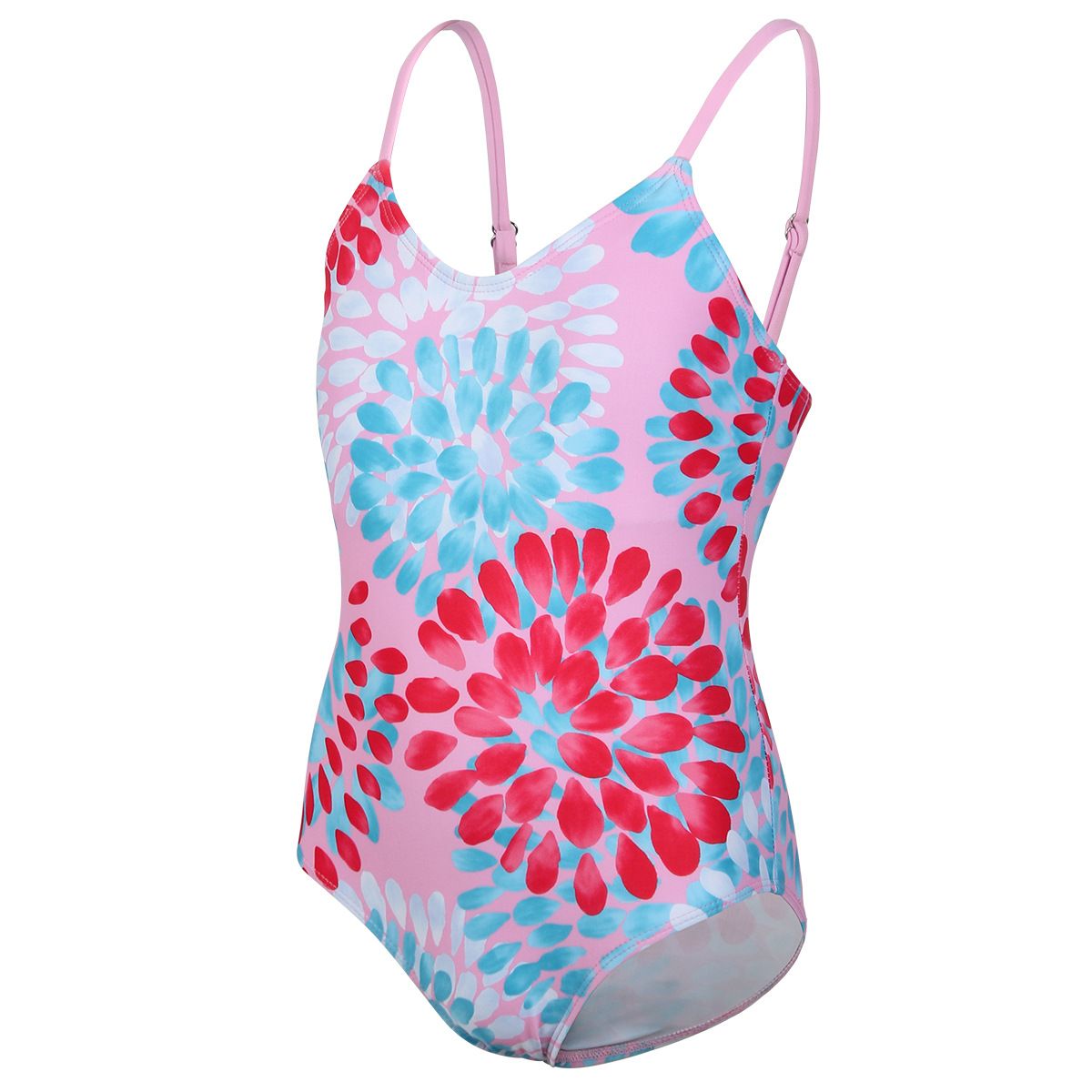 (image for) Girls Floral Print One‑Piece Swimsuit V‑Neck Adjustable Straps Conservative Kids Bathing Suit 130‑160
