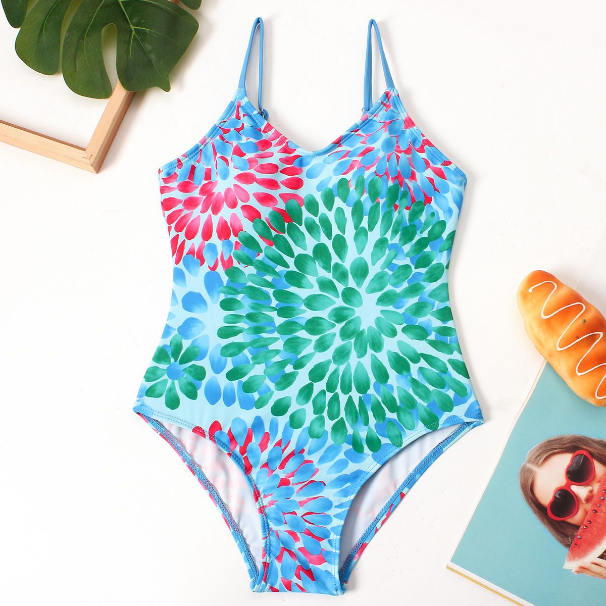 (image for) Girls Floral Print One‑Piece Swimsuit V‑Neck Adjustable Straps Conservative Kids Bathing Suit 130‑160