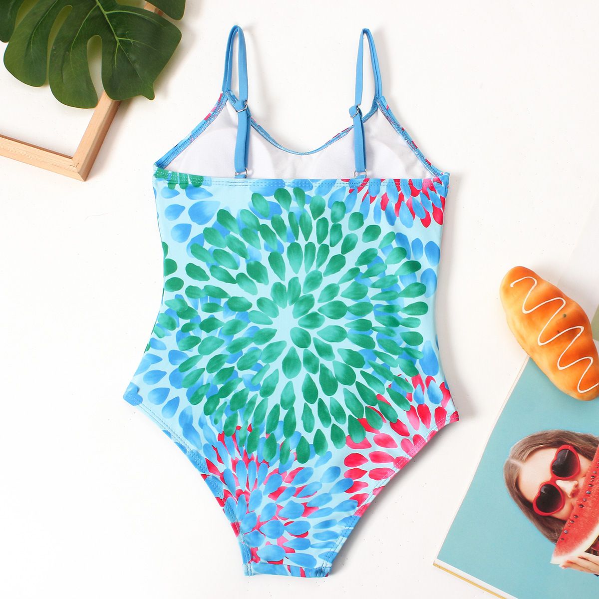 (image for) Girls Floral Print One‑Piece Swimsuit V‑Neck Adjustable Straps Conservative Kids Bathing Suit 130‑160