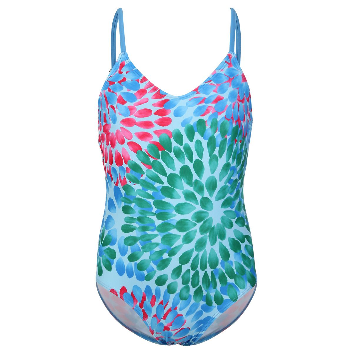 (image for) Girls Floral Print One‑Piece Swimsuit V‑Neck Adjustable Straps Conservative Kids Bathing Suit 130‑160
