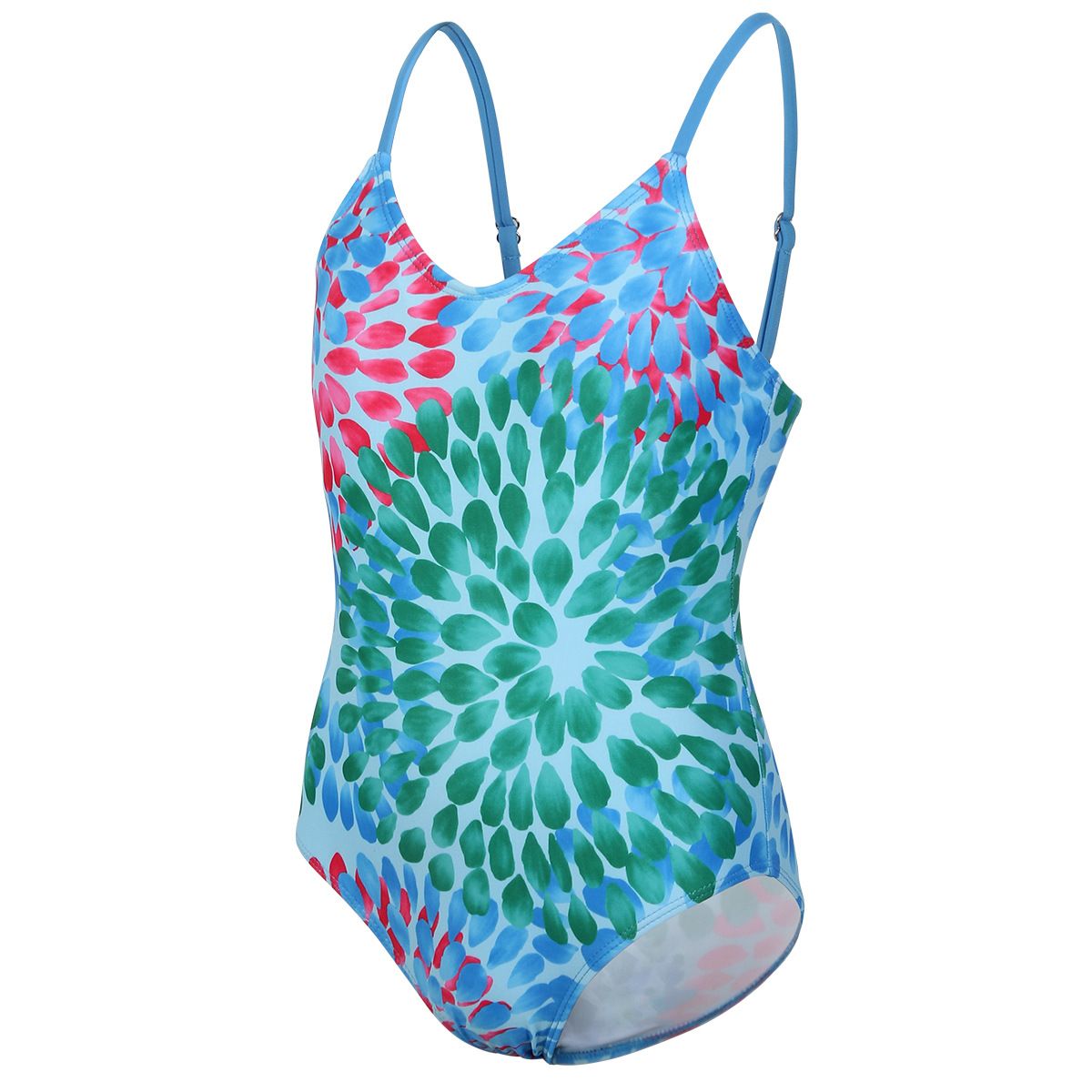 (image for) Girls Floral Print One‑Piece Swimsuit V‑Neck Adjustable Straps Conservative Kids Bathing Suit 130‑160