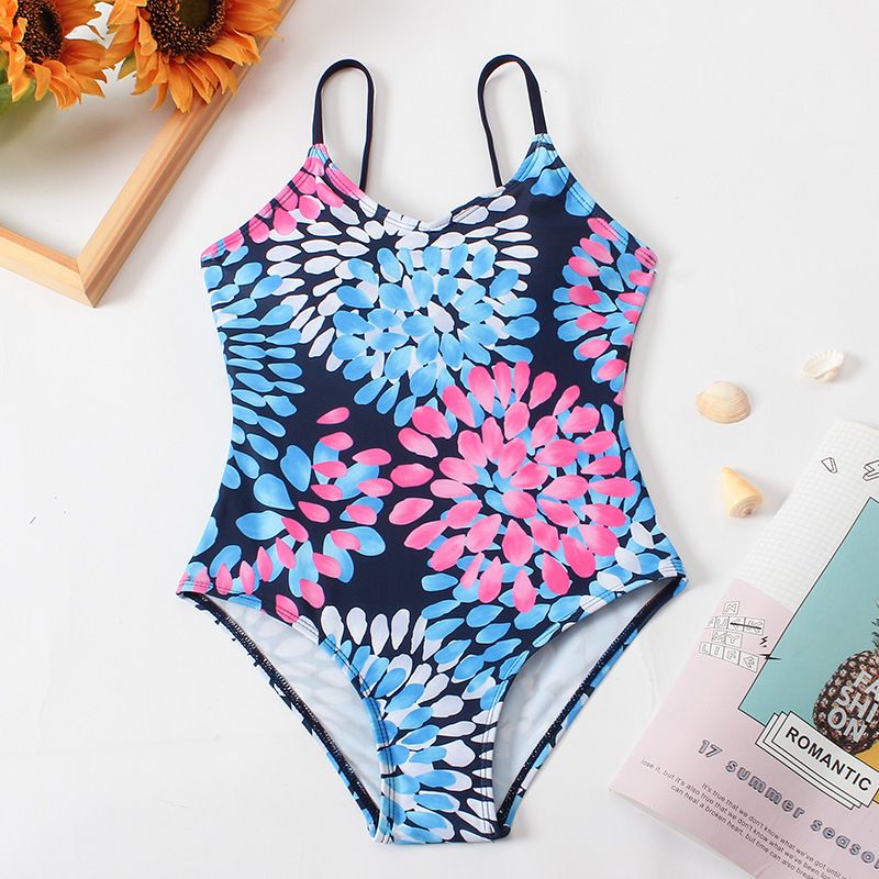 (image for) Girls Floral Print One‑Piece Swimsuit V‑Neck Adjustable Straps Conservative Kids Bathing Suit 130‑160