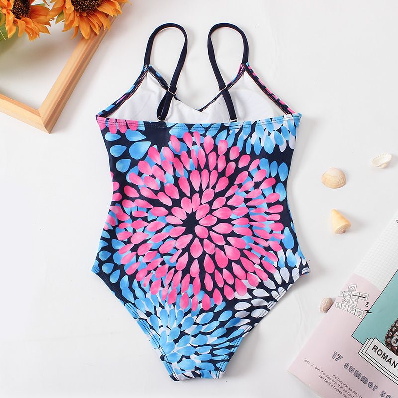 (image for) Girls Floral Print One‑Piece Swimsuit V‑Neck Adjustable Straps Conservative Kids Bathing Suit 130‑160