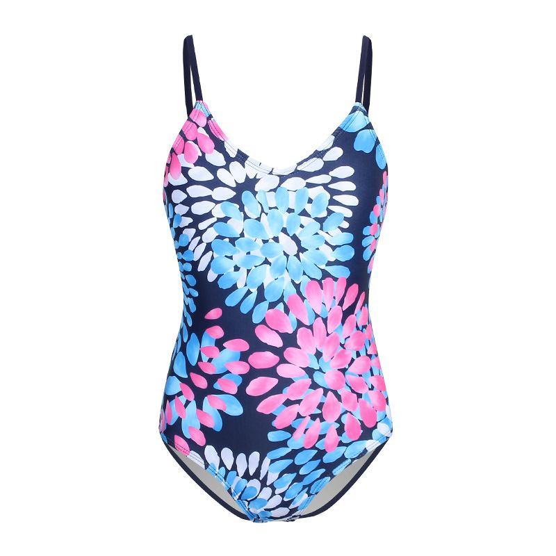 (image for) Girls Floral Print One‑Piece Swimsuit V‑Neck Adjustable Straps Conservative Kids Bathing Suit 130‑160