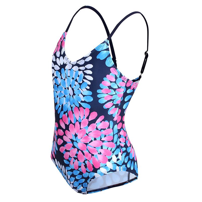 (image for) Girls Floral Print One‑Piece Swimsuit V‑Neck Adjustable Straps Conservative Kids Bathing Suit 130‑160
