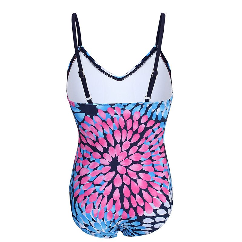 (image for) Girls Floral Print One‑Piece Swimsuit V‑Neck Adjustable Straps Conservative Kids Bathing Suit 130‑160