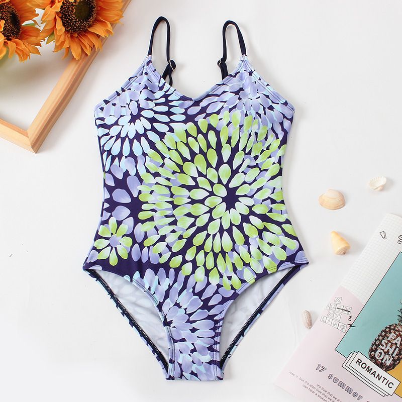 (image for) Girls Floral Print One‑Piece Swimsuit V‑Neck Adjustable Straps Conservative Kids Bathing Suit 130‑160
