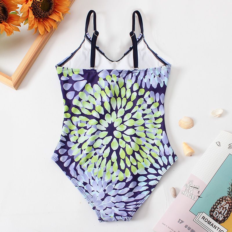 (image for) Girls Floral Print One‑Piece Swimsuit V‑Neck Adjustable Straps Conservative Kids Bathing Suit 130‑160