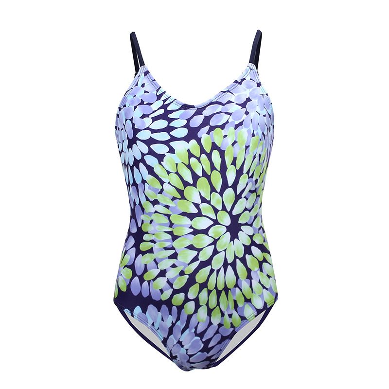 (image for) Girls Floral Print One‑Piece Swimsuit V‑Neck Adjustable Straps Conservative Kids Bathing Suit 130‑160