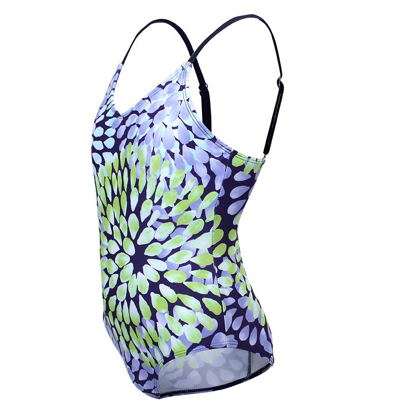 (image for) Girls Floral Print One‑Piece Swimsuit V‑Neck Adjustable Straps Conservative Kids Bathing Suit 130‑160