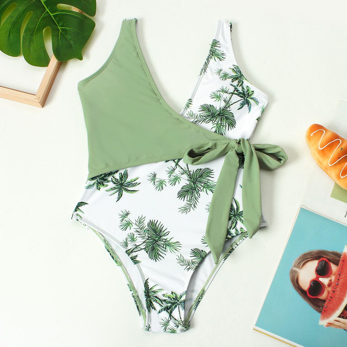 (image for) Girls Palm Tree Print Wrap One‑Piece Swimsuit Side Tie Kids Bathing Suit Children Swimwear 130‑160