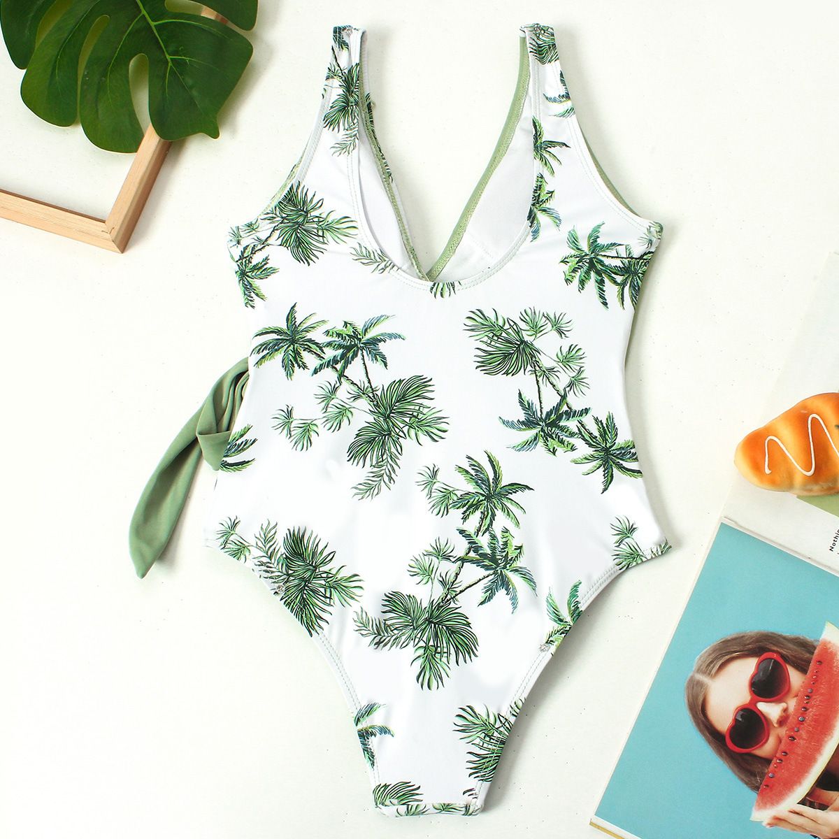 (image for) Girls Palm Tree Print Wrap One‑Piece Swimsuit Side Tie Kids Bathing Suit Children Swimwear 130‑160