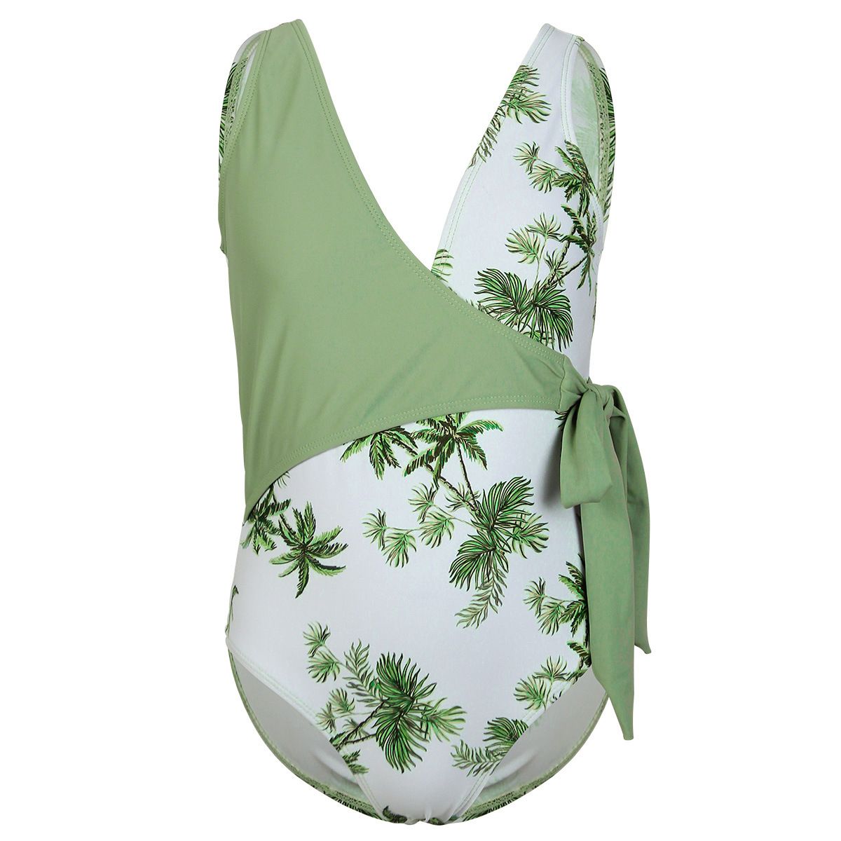 (image for) Girls Palm Tree Print Wrap One‑Piece Swimsuit Side Tie Kids Bathing Suit Children Swimwear 130‑160