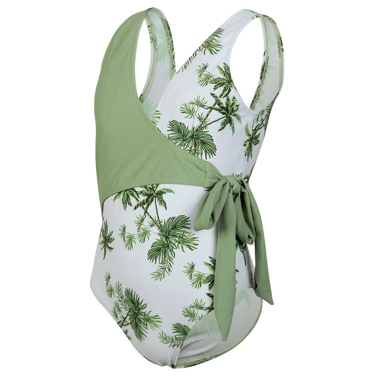 (image for) Girls Palm Tree Print Wrap One‑Piece Swimsuit Side Tie Kids Bathing Suit Children Swimwear 130‑160
