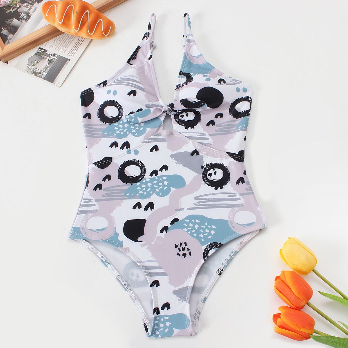 (image for) Girls Floral Print V‑Neck One‑Piece Swimsuit Bow Detail Kids Bathing Suit 130‑160