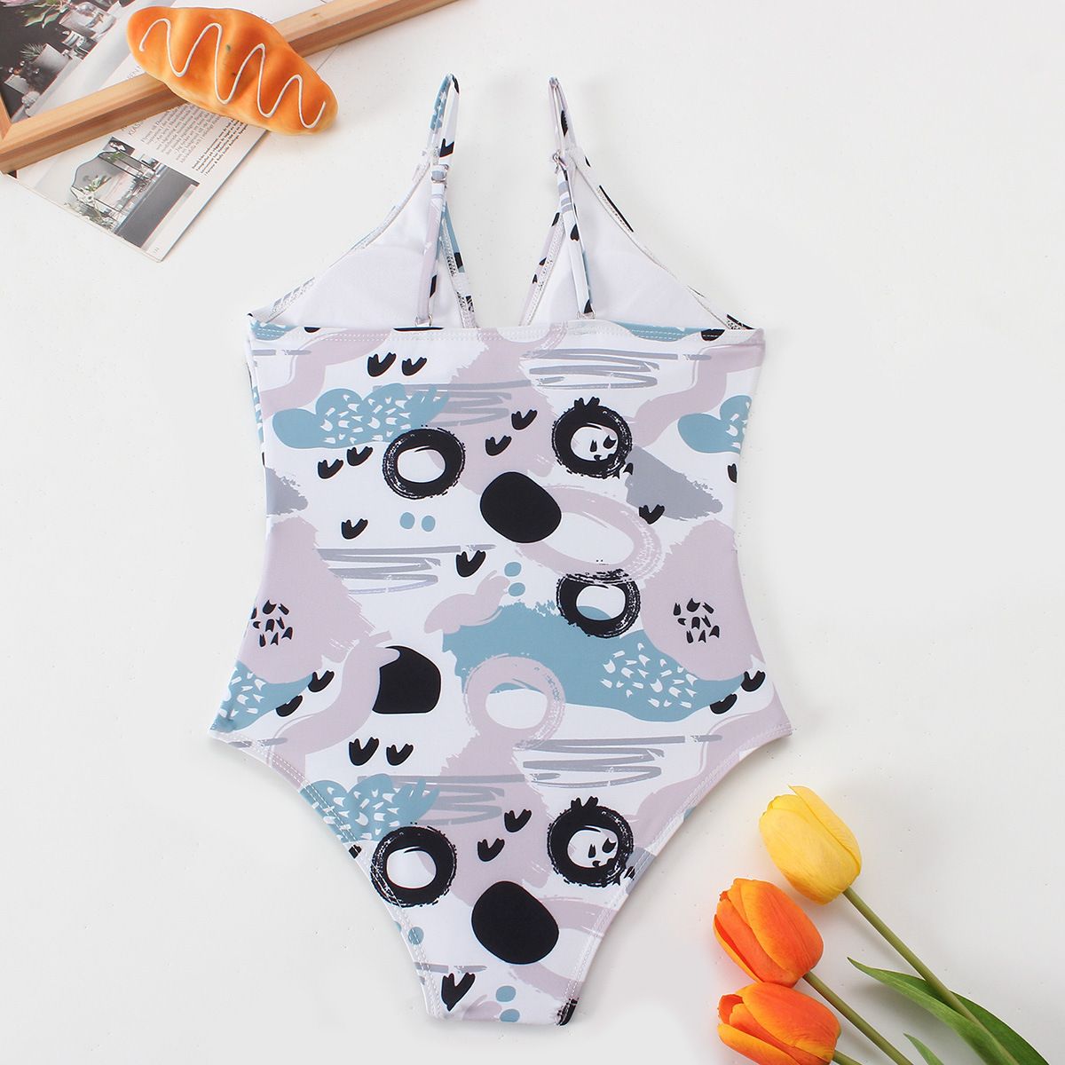 (image for) Girls Floral Print V‑Neck One‑Piece Swimsuit Bow Detail Kids Bathing Suit 130‑160