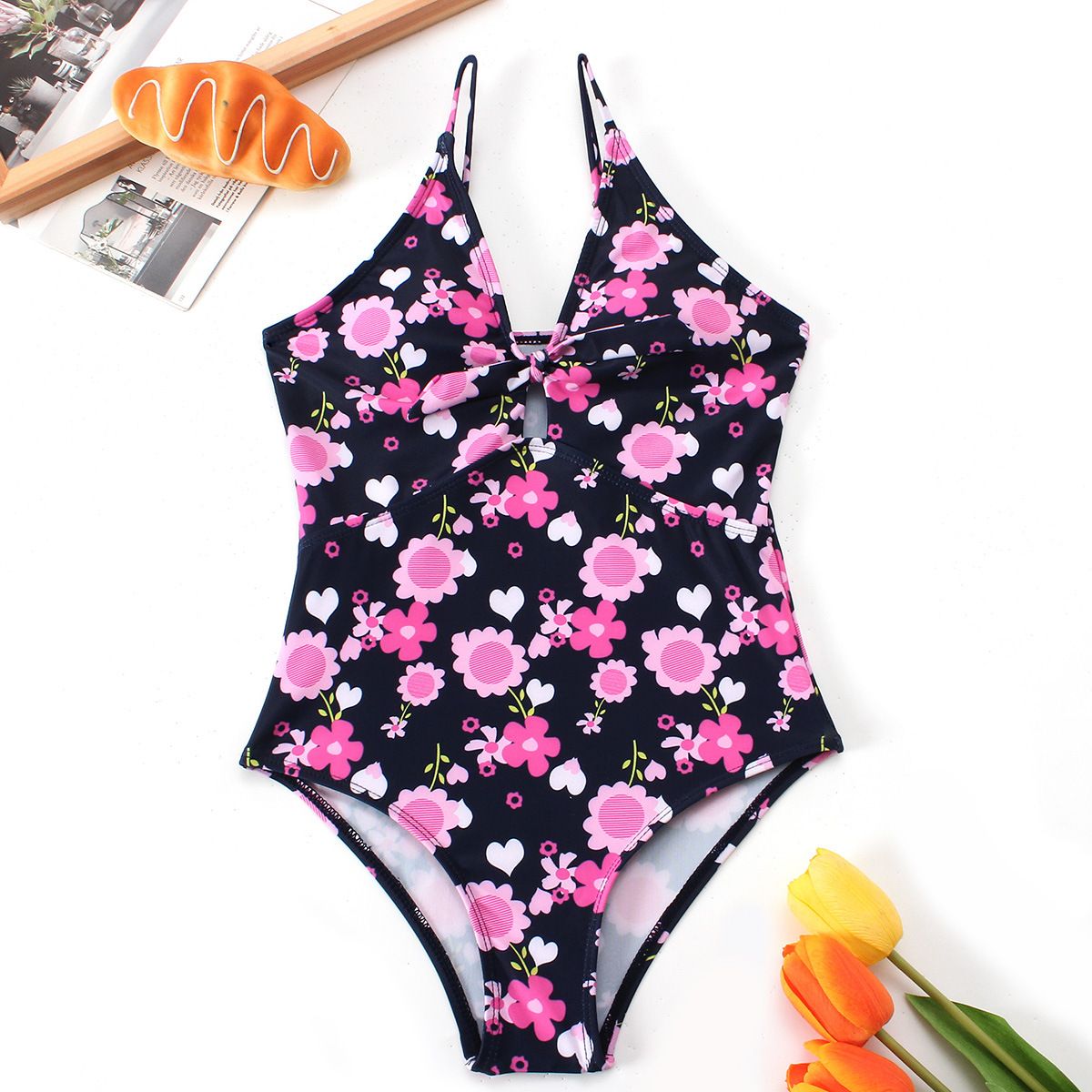 (image for) Girls Floral Print V‑Neck One‑Piece Swimsuit Bow Detail Kids Bathing Suit 130‑160