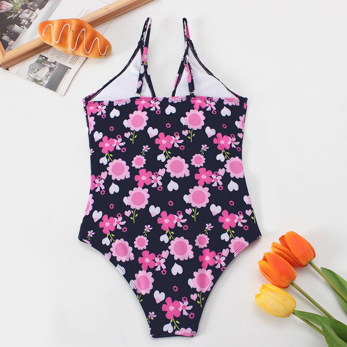(image for) Girls Floral Print V‑Neck One‑Piece Swimsuit Bow Detail Kids Bathing Suit 130‑160