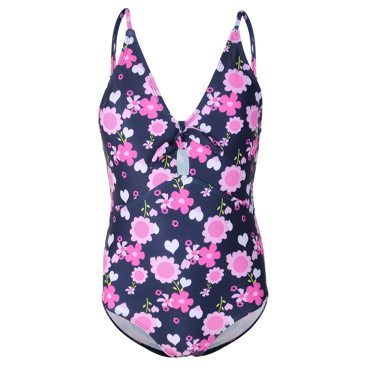 (image for) Girls Floral Print V‑Neck One‑Piece Swimsuit Bow Detail Kids Bathing Suit 130‑160