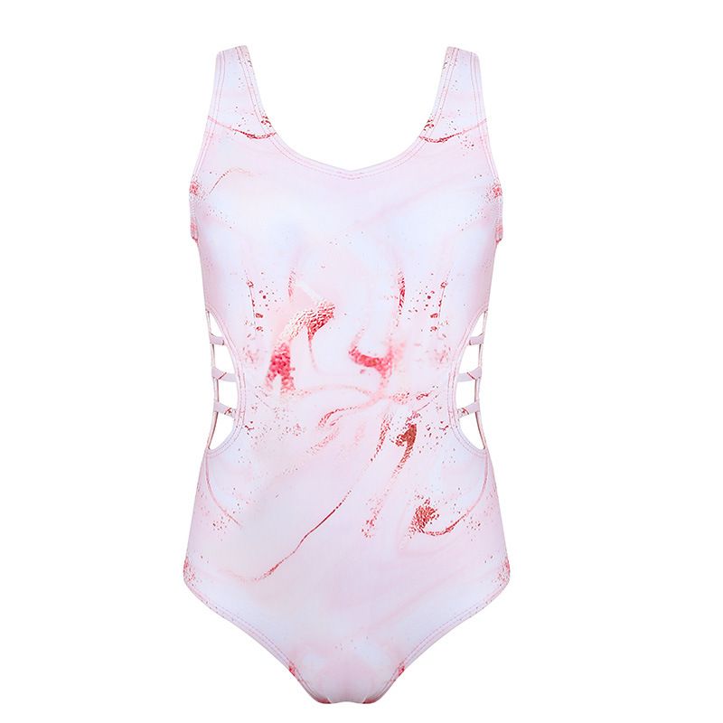 (image for) Girls Marble Print One‑Piece Swimsuit Side Cutout Kids Bathing Suit Children Swimwear 130‑160