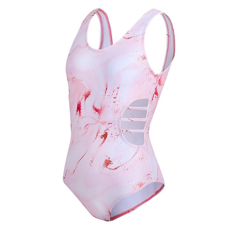 (image for) Girls Marble Print One‑Piece Swimsuit Side Cutout Kids Bathing Suit Children Swimwear 130‑160