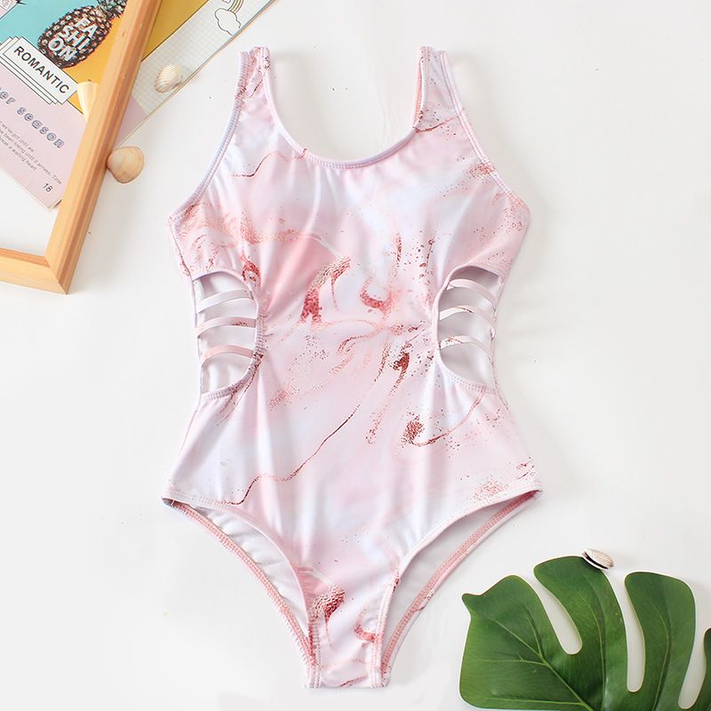 (image for) Girls Marble Print One‑Piece Swimsuit Side Cutout Kids Bathing Suit Children Swimwear 130‑160
