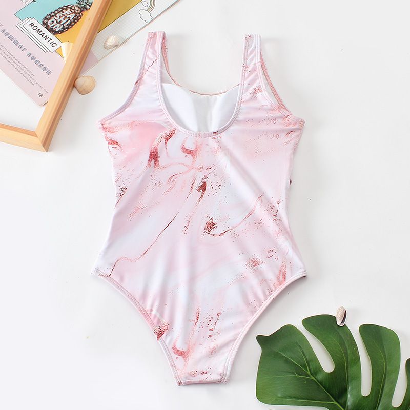 (image for) Girls Marble Print One‑Piece Swimsuit Side Cutout Kids Bathing Suit Children Swimwear 130‑160